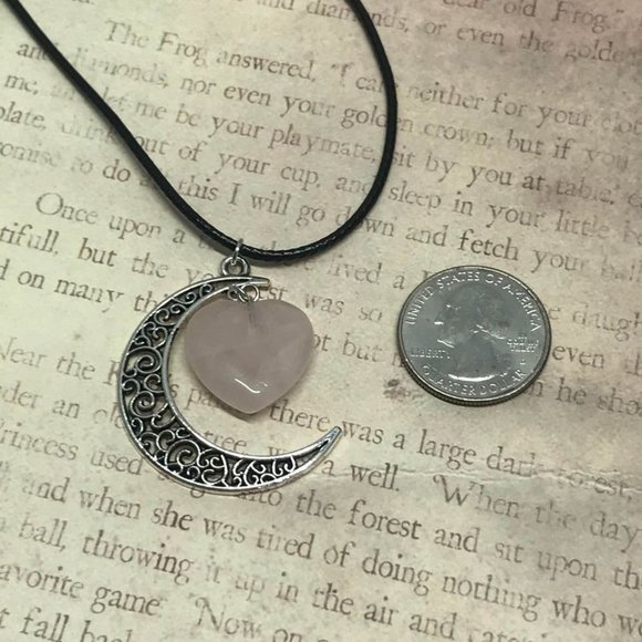 Crescent Moon Rose Quartz Heart Stone Pendant Blac - Picture 5 of 8